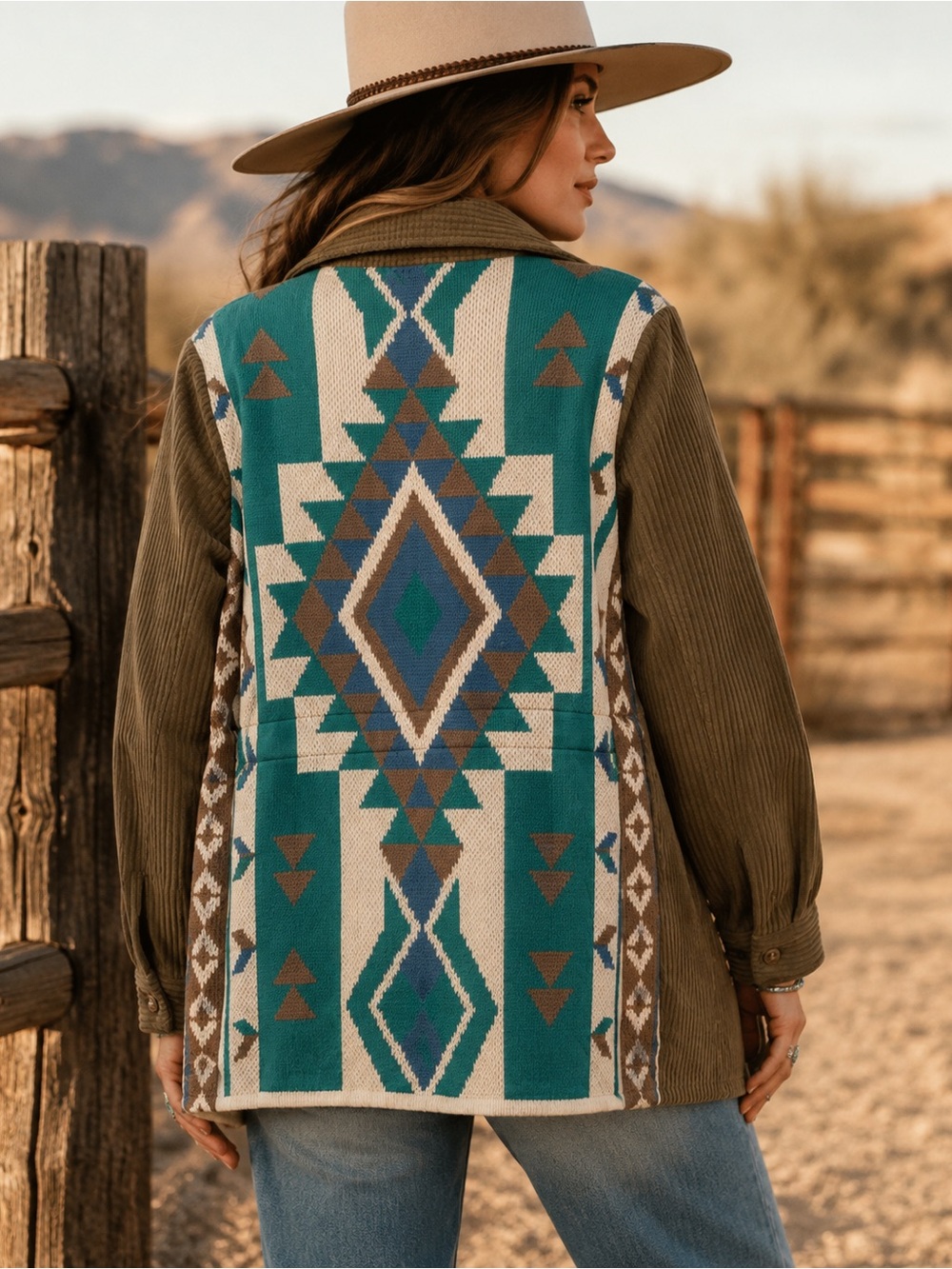 Davi & Dani Southwestern Aztec Mixed Media Corduroy Utility Jacket Large
